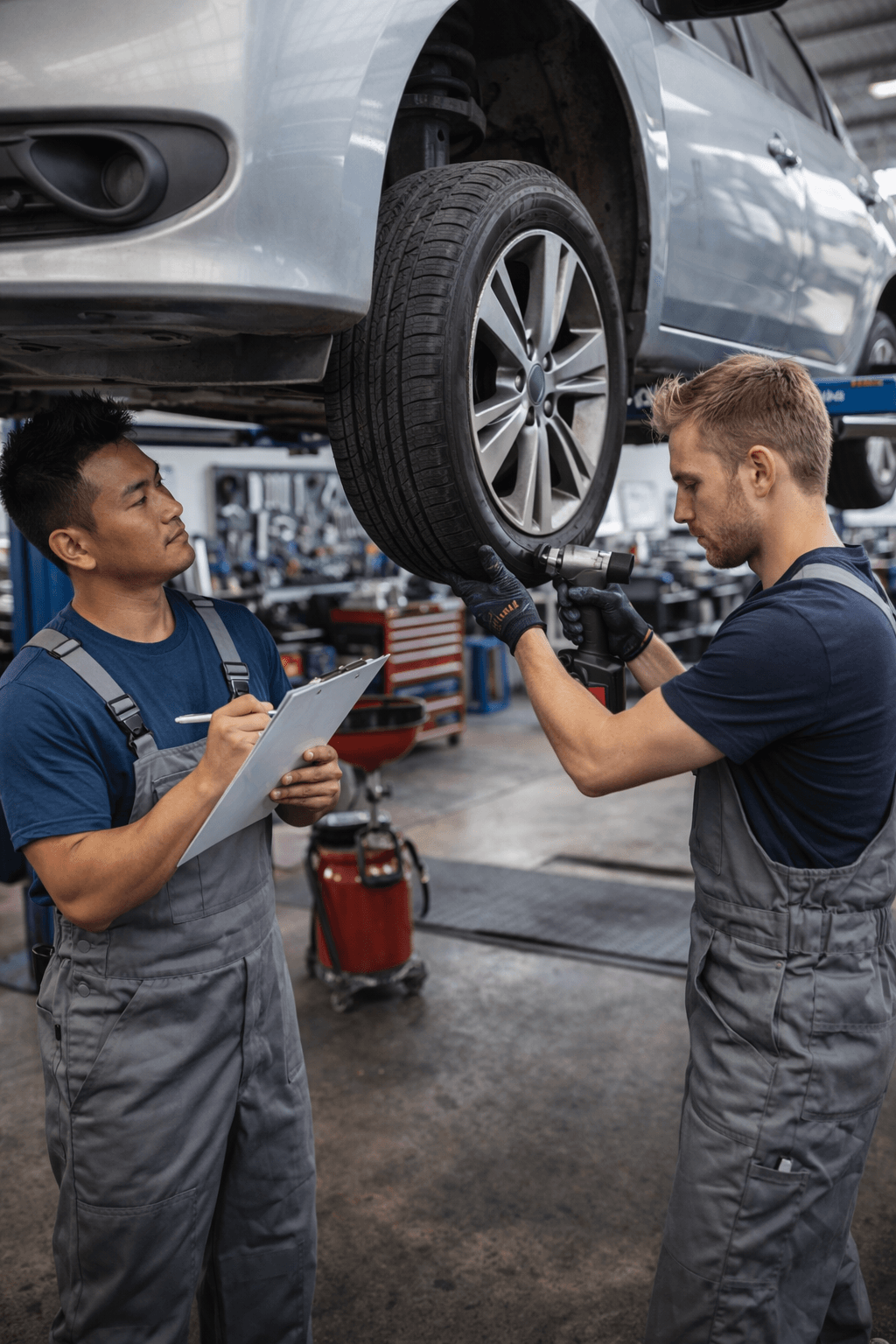 A clean independent auto repair shop with vehicles on lifts, technicians performing diagnostics.