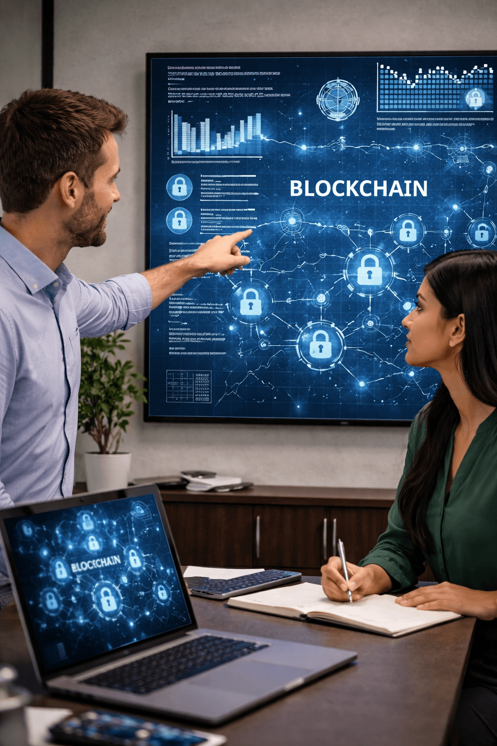 A blockchain consultant reviewing tokenization workflows, architecture diagrams, and compliance notes with business stakeholders in a modern office