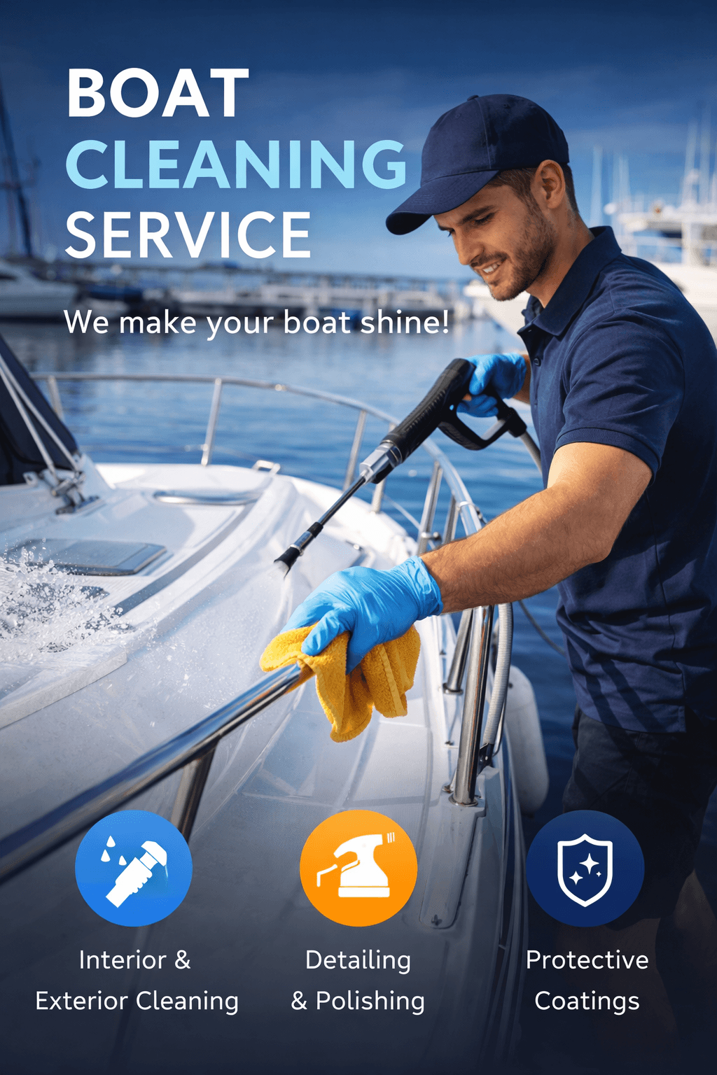 A marine service worker cleaning the deck and exterior of a recreational boat at a marina, with marine-safe soaps, hoses, brushes, and detailing tools nearby.