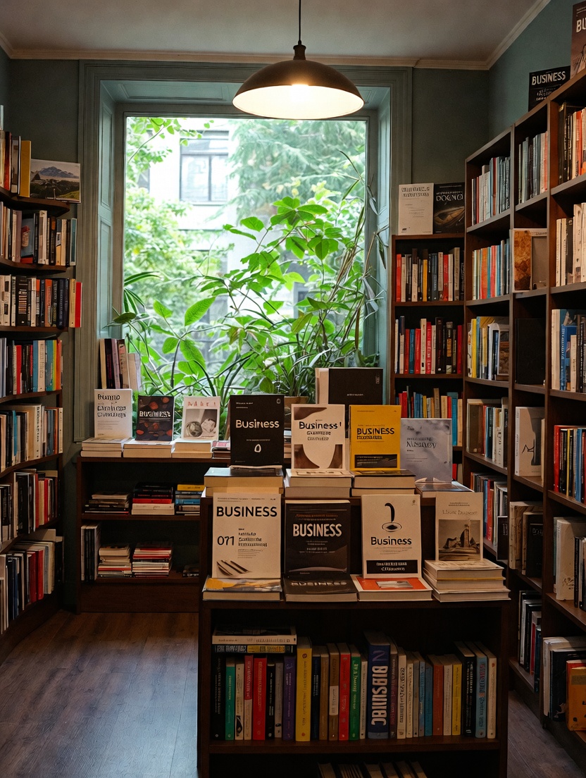 A welcoming independent bookstore with curated shelves, front-table displays.