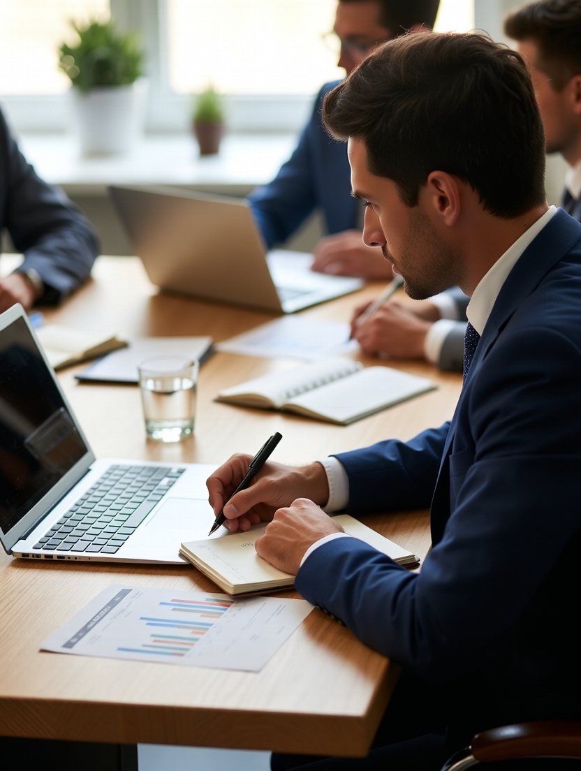 An independent business consultant reviewing growth plans, process notes, and financial documents with a small-business client at a simple meeting table