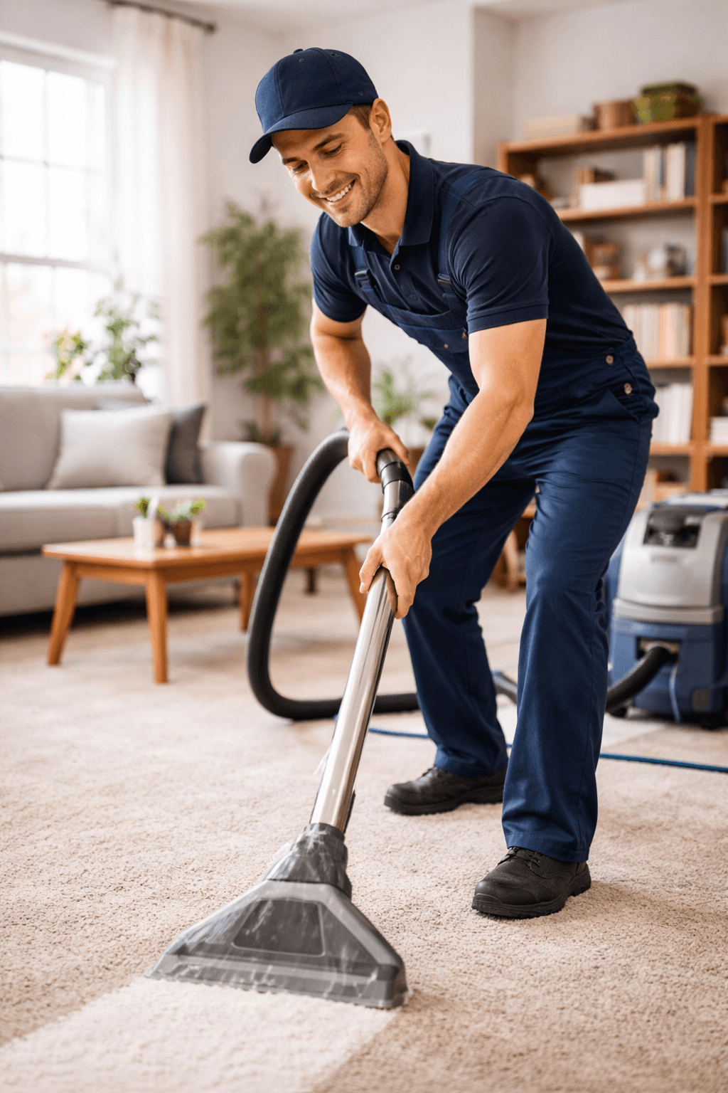 A professional carpet cleaning technician using extraction equipment in a bright living room, with hoses, tools, and organized service supplies nearby.