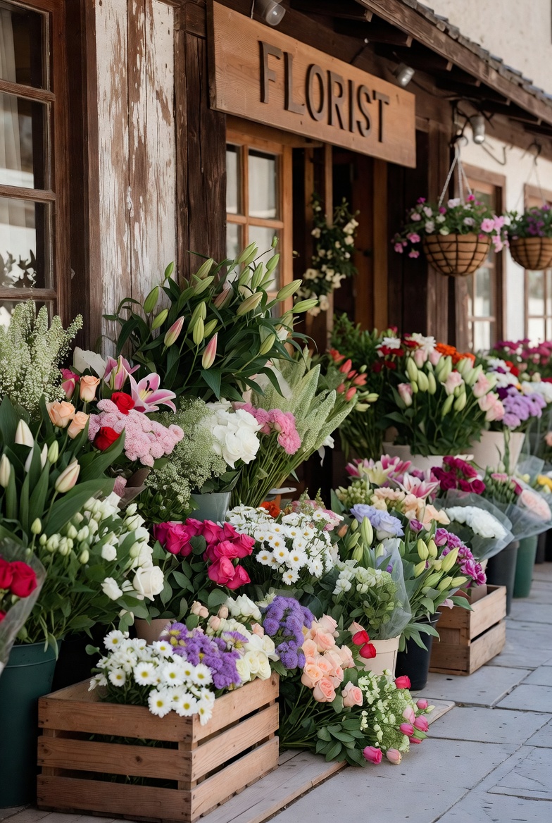 A neighborhood florist arranging fresh bouquets and event flowers in a bright studio with stems, tools, and coolers