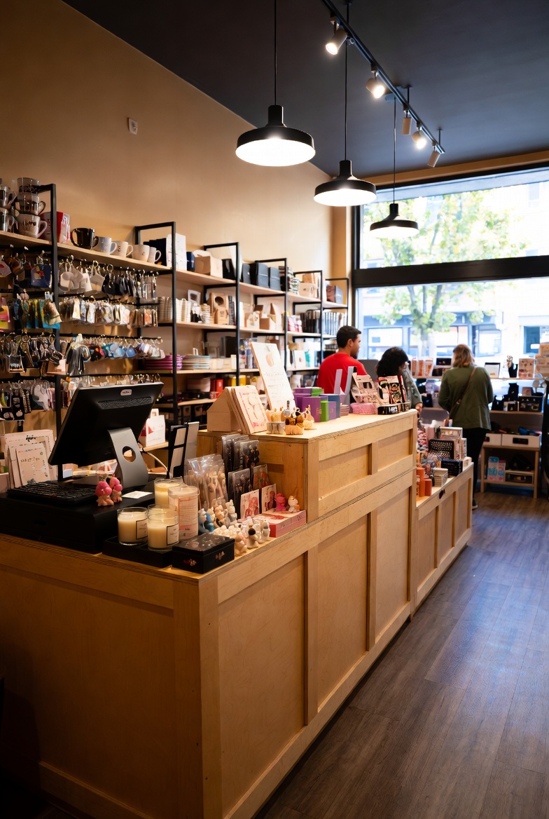 A curated gift store with greeting cards, candles, wrapped gifts, and seasonal displays