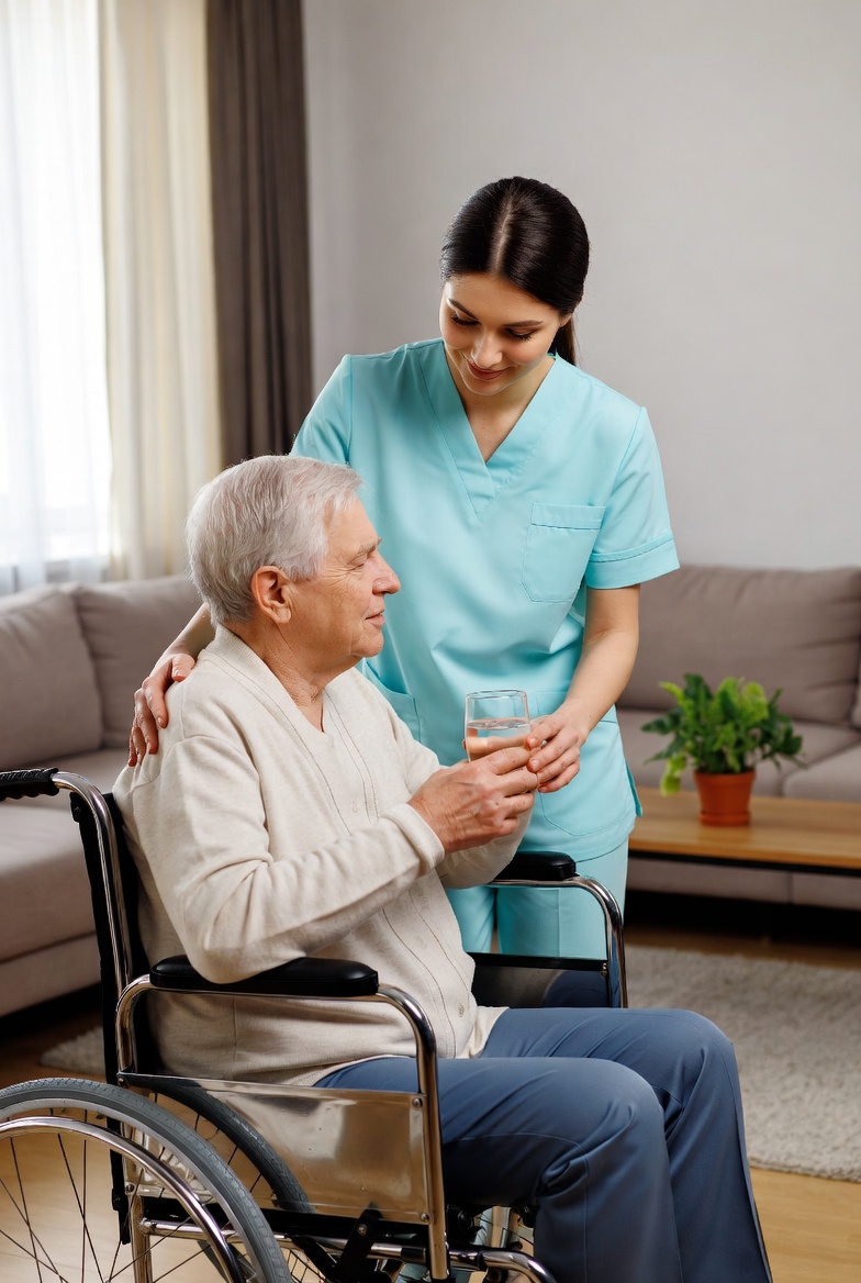 A home caregiver helping an older adult at home while care notes and a scheduling tablet sit nearby