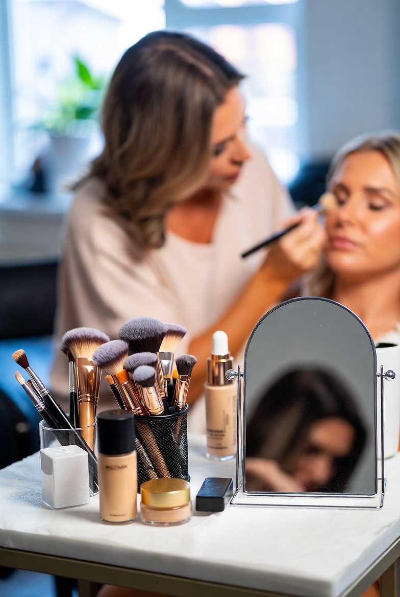 A makeup artist applying finishing touches to a bridal client while a clean professional kit sits open beside a mirror