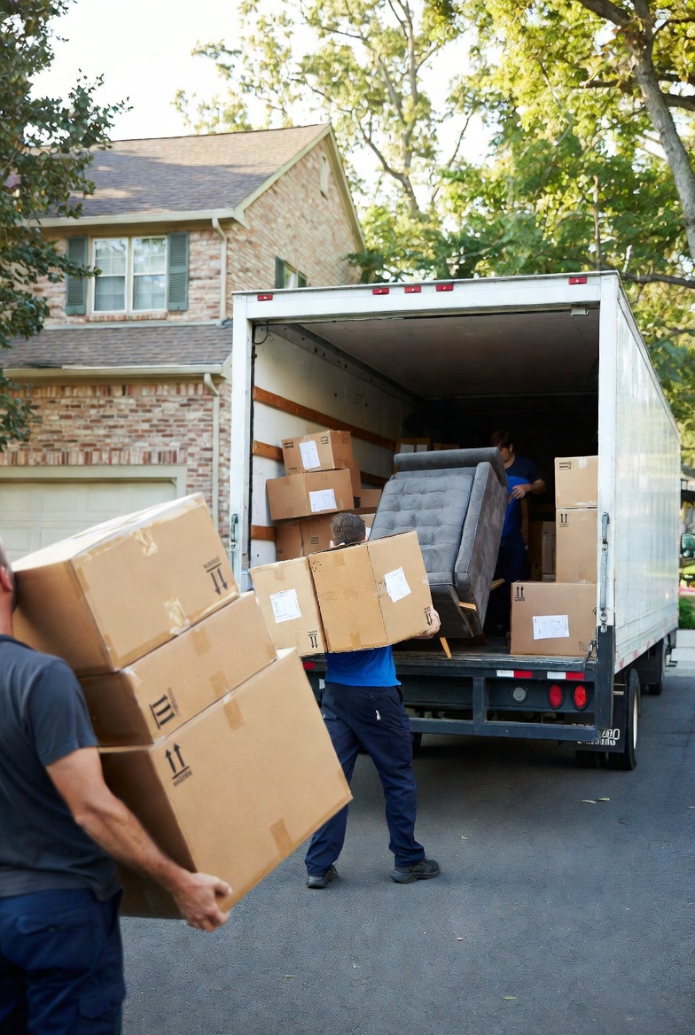 A professional moving crew loading furniture and labeled boxes into a moving truck outside a residential home