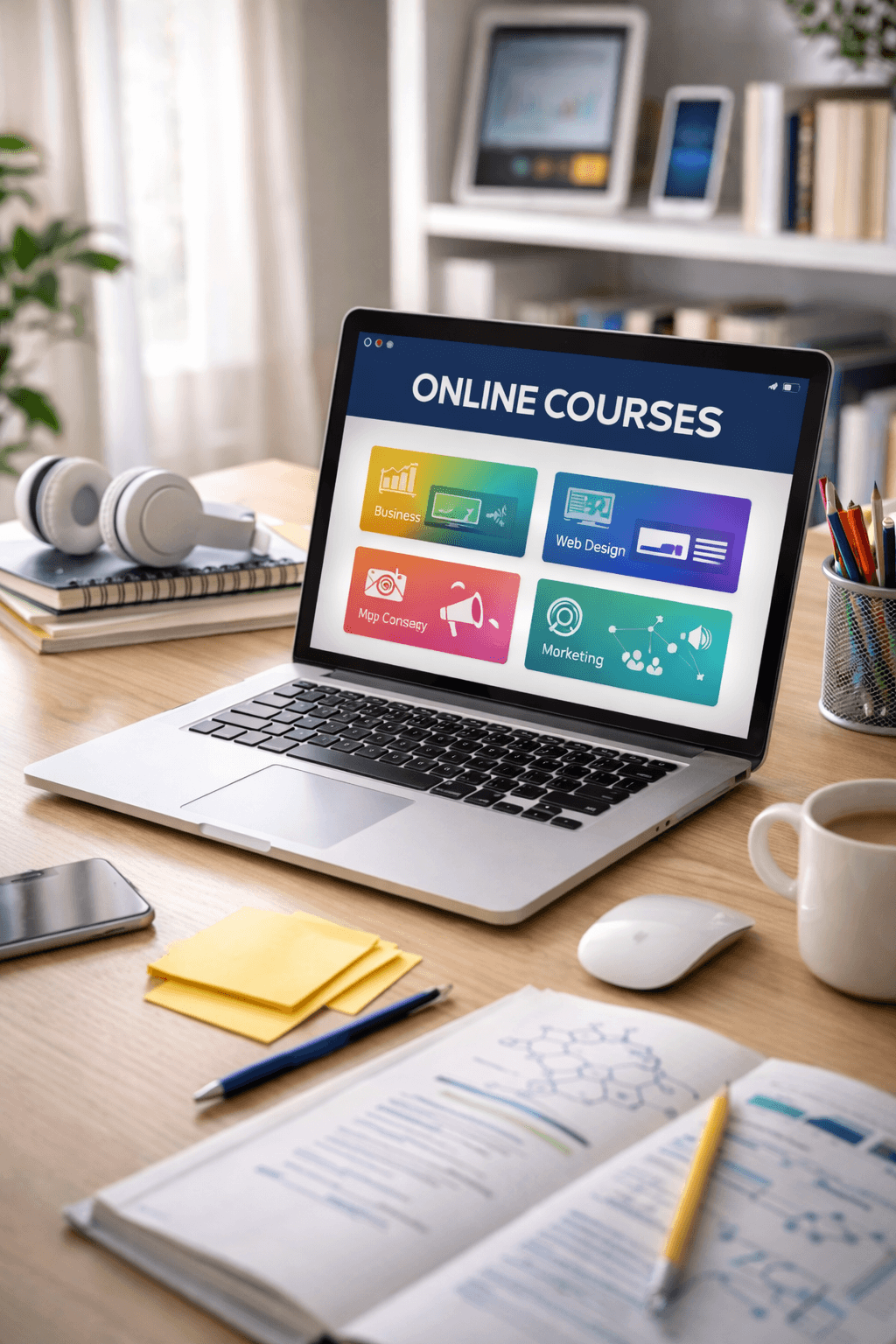 A clean desk with a microphone, camera, lesson outline, and digital product assets open across a laptop and tablet.