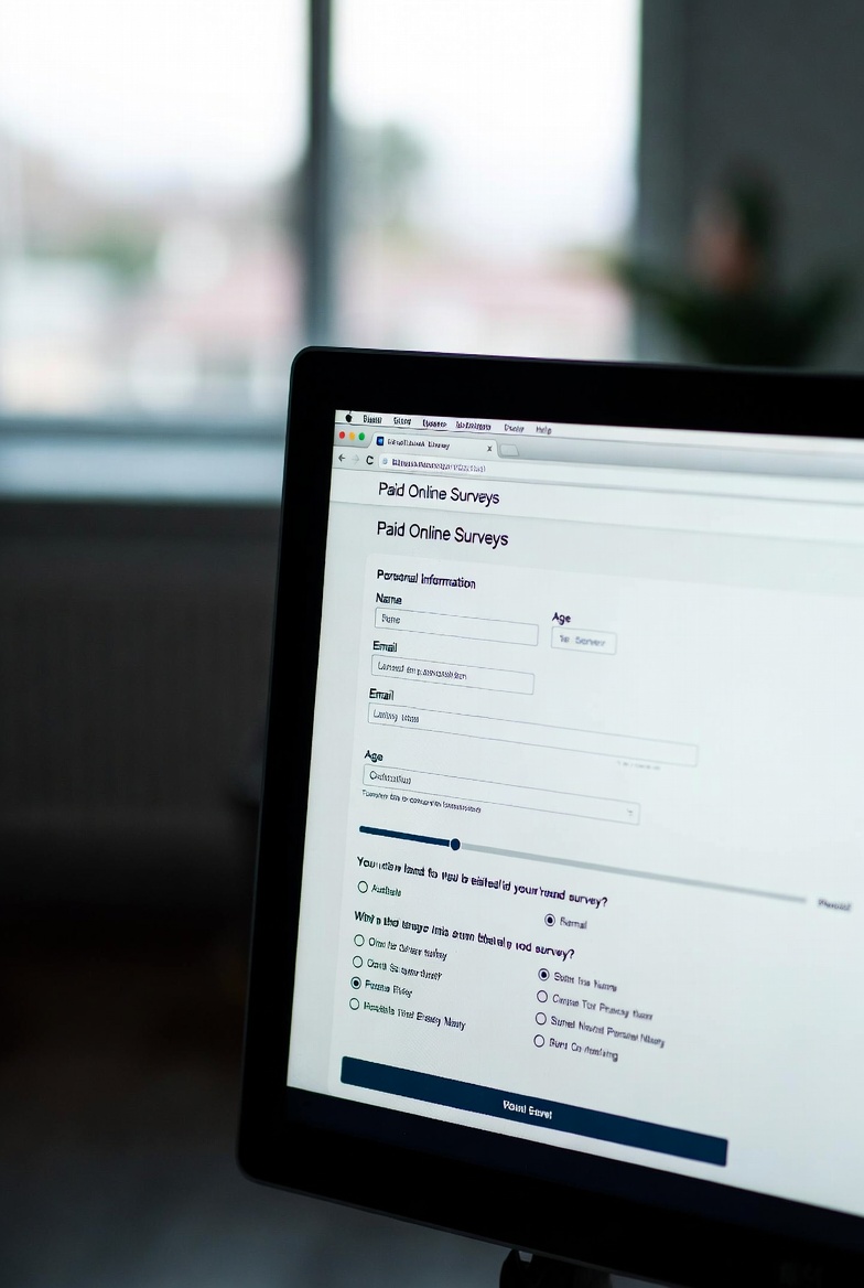 A person completing online survey questionnaires on a laptop with small payout notifications on screen