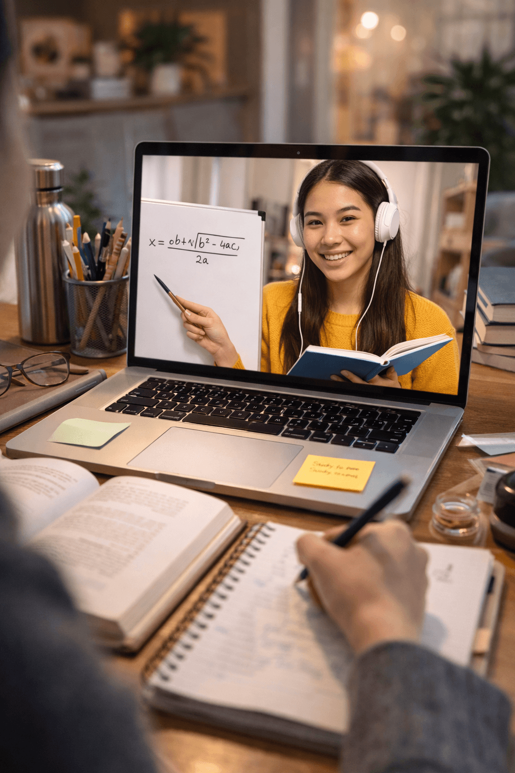 A tutor teaching a student through a live online lesson using a laptop and digital whiteboard