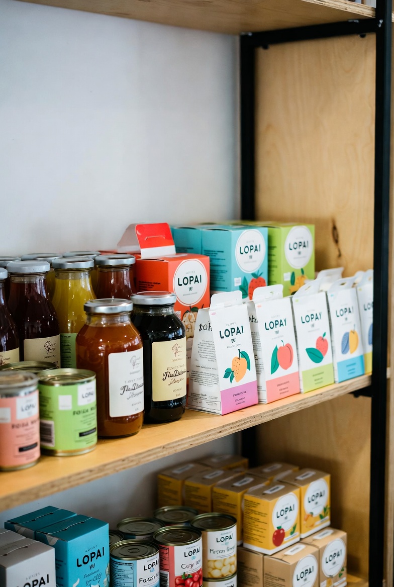 A small packaged foods brand developing retail-ready pantry products with sample pouches, ingredient sheets, nutrition labels, and shelf mockups laid out on a worktable.