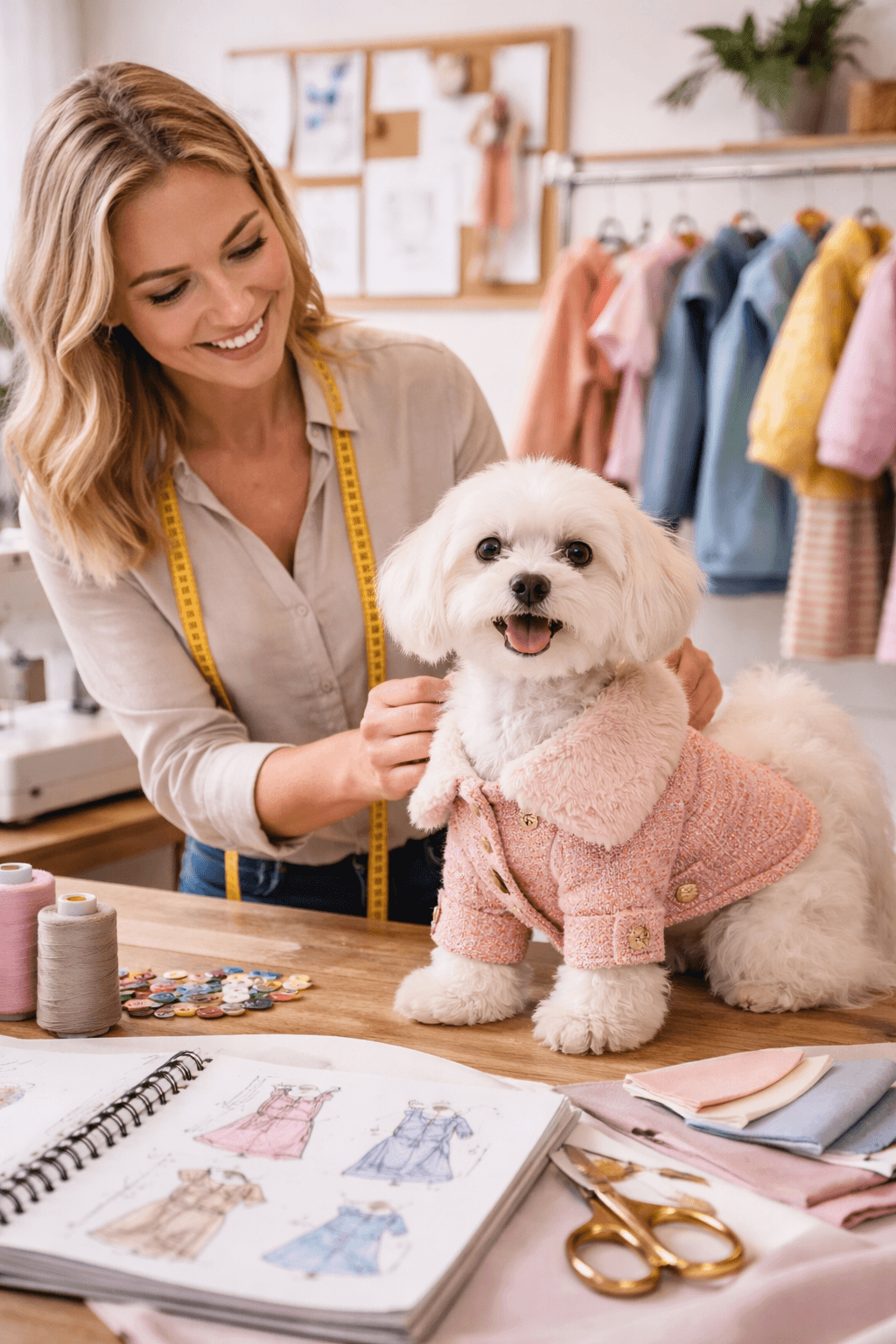 A small pet clothing brand developing stylish dog apparel with fabric swatches, sample garments, sketches, and a dressed-up pet model in a clean studio setting.
