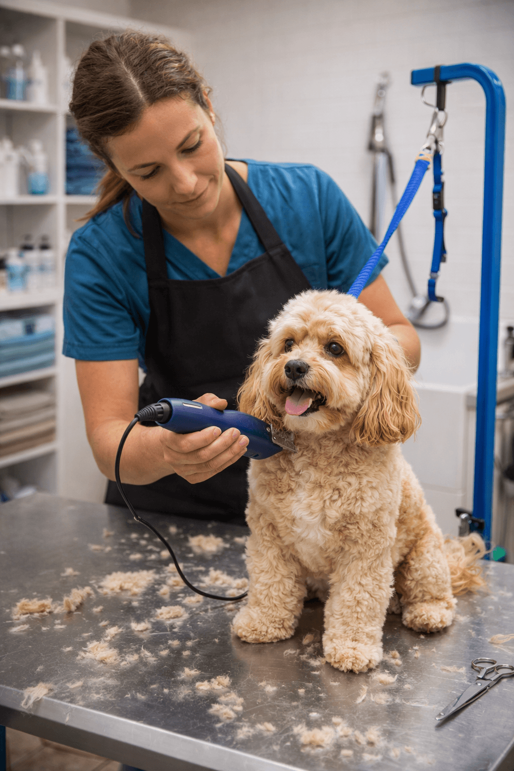A professional pet groomer trimming and brushing a small dog on a grooming table in a clean salon