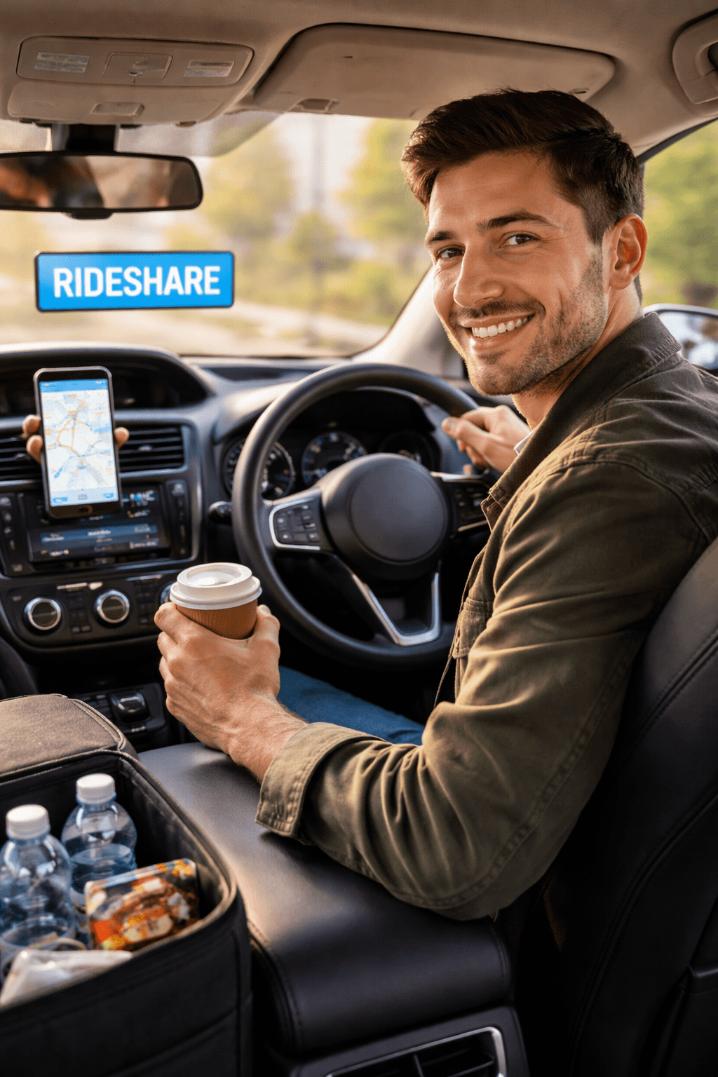 A rideshare driver checking trip requests on a phone mounted on the dashboard while parked near a busy city pickup zone
