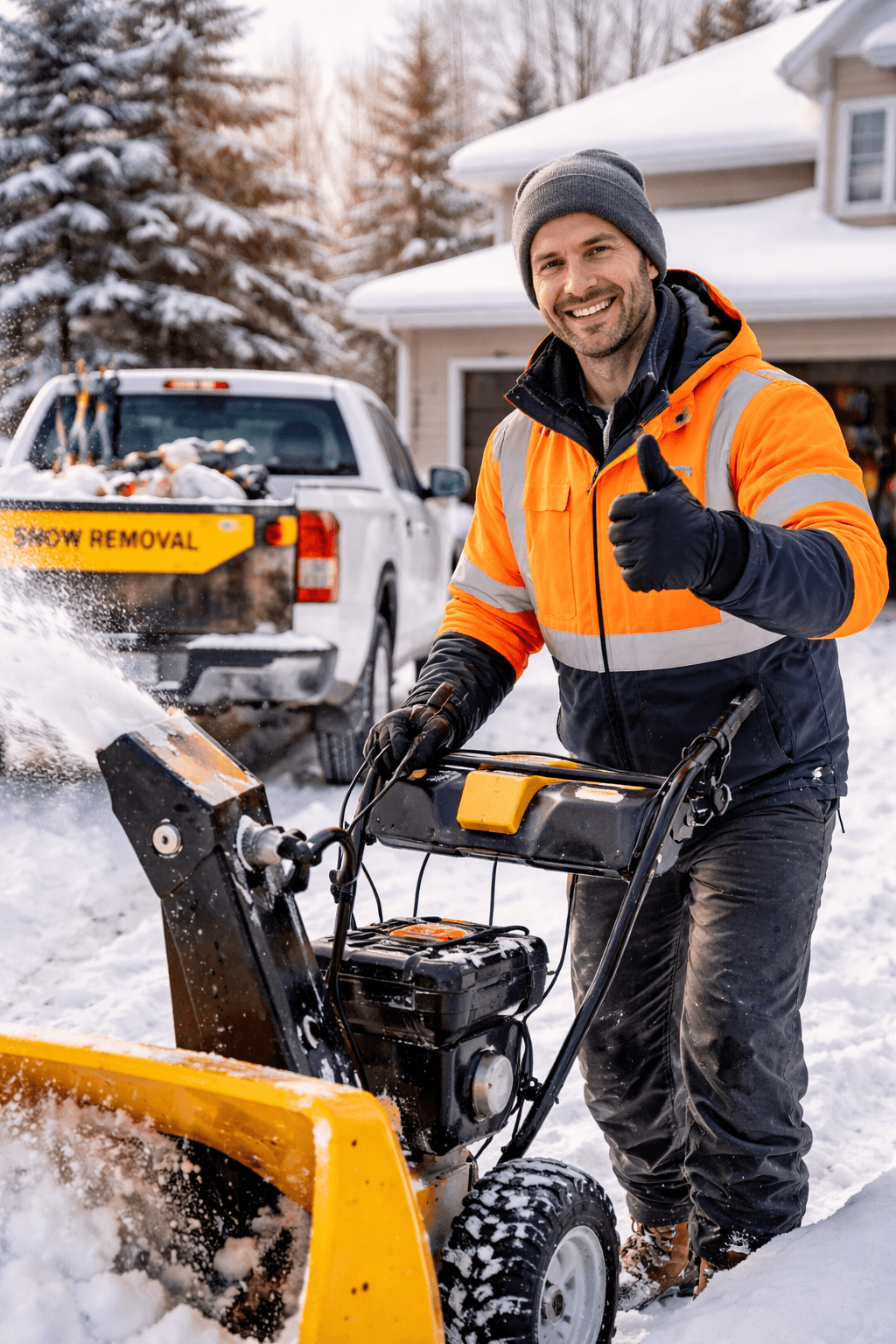A snow removal crew clearing a driveway and parking area with plow trucks and winter equipment during a storm