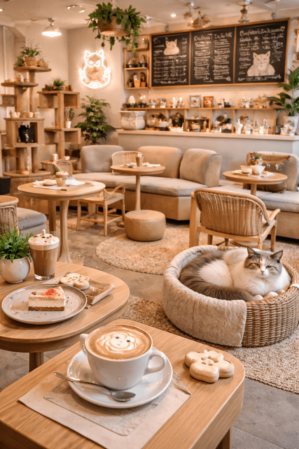 Guests relaxing in a themed cafe with specialty drinks, designed interiors, and a separate animal interaction space