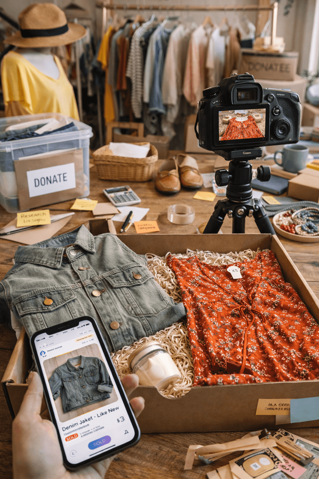 Secondhand clothing and household items sorted for resale with shipping supplies nearby