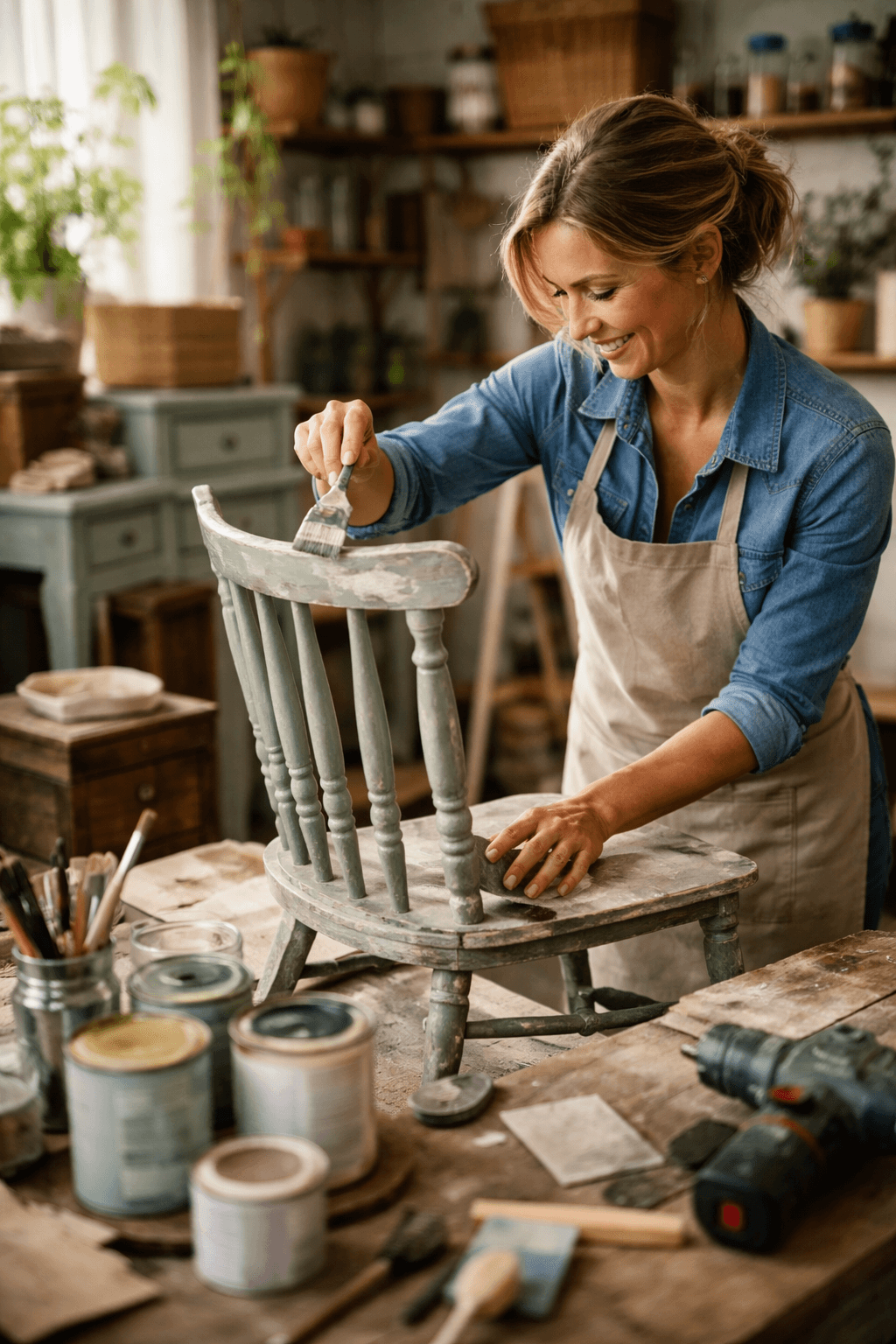A small workshop with reclaimed fabric, wood offcuts, tools, sketches, and finished upcycled products arranged on a worktable.