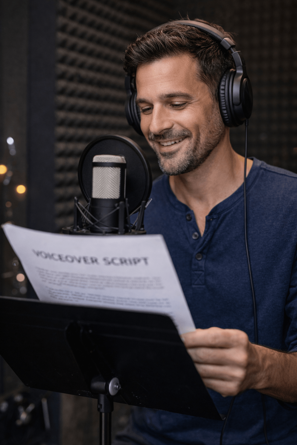 A voice actor recording in a treated home studio with a condenser microphone, headphones, acoustic panels, and a script visible beside a DAW screen