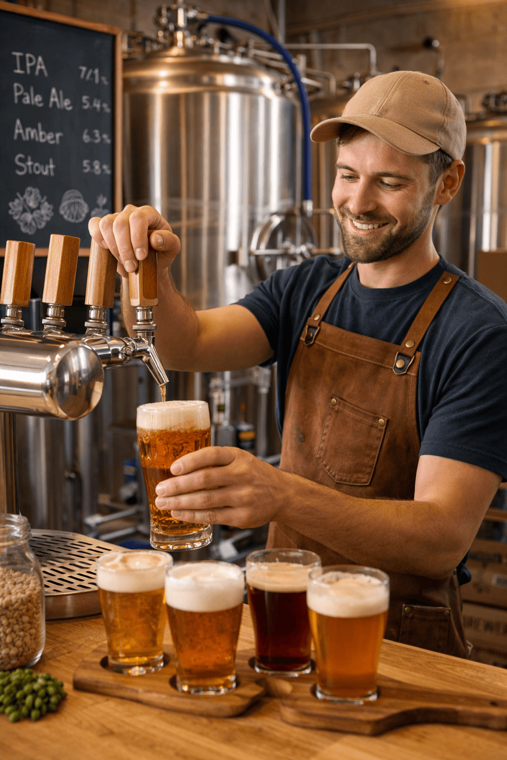 A small independent craft brewery with stainless tanks, a compact brewhouse, and a lively taproom serving house-made beer.