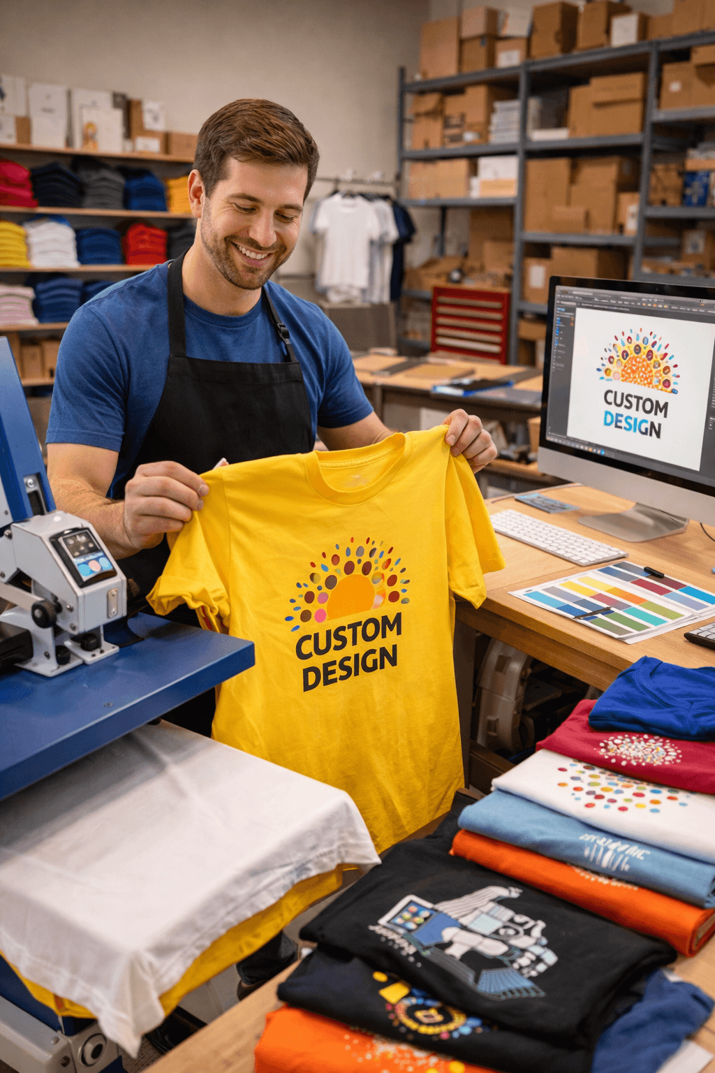 A custom t-shirt printing workspace with printed shirts, screen printing equipment, heat press tools, and neatly arranged apparel blanks