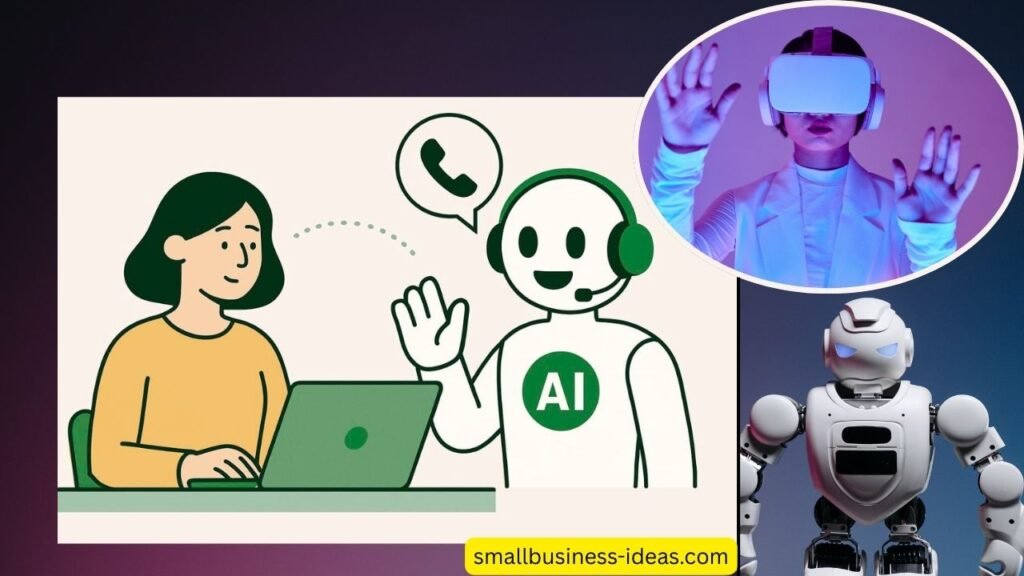 Illustration of a small business woman interacting with an AI phone agent, featuring green and red design elements, alongside futuristic AI visuals representing AI-powered customer service for small businesses.