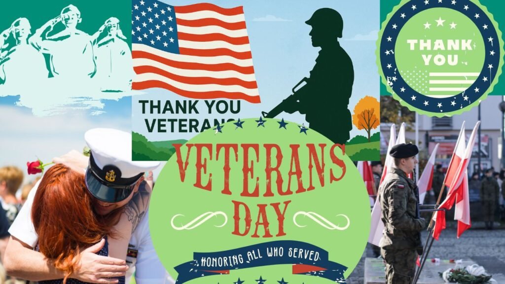 Realistic 2D digital illustration showing a silhouette of a saluting soldier against a warm sunset background with an American flag and a bold 'Thank You Veterans' message. Infographic-style layout includes patriotic colors and symbolic icons to honor Veterans Day.