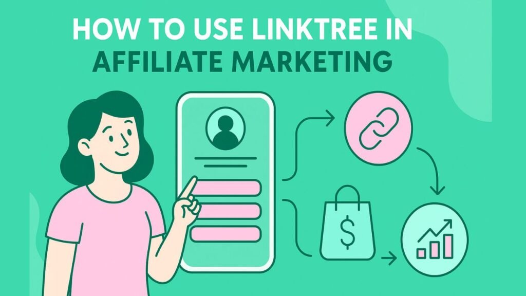 Infographic-style feature image with the title "How to Use Linktree in Affiliate Marketing," showcasing icons and visuals of social media, links, analytics, and product promotion