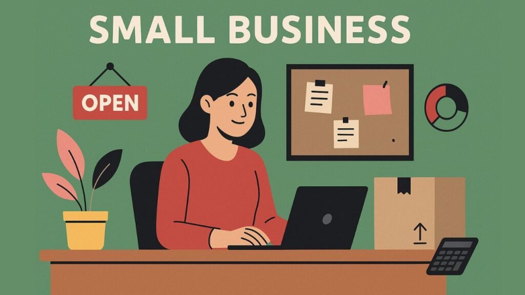 A flat-style digital illustration of a young woman working at her small business. She is sitting at a wooden desk with a laptop, wearing a red top, surrounded by office supplies. The background features a green wall with an "OPEN" sign and a bulletin board with colorful notes.